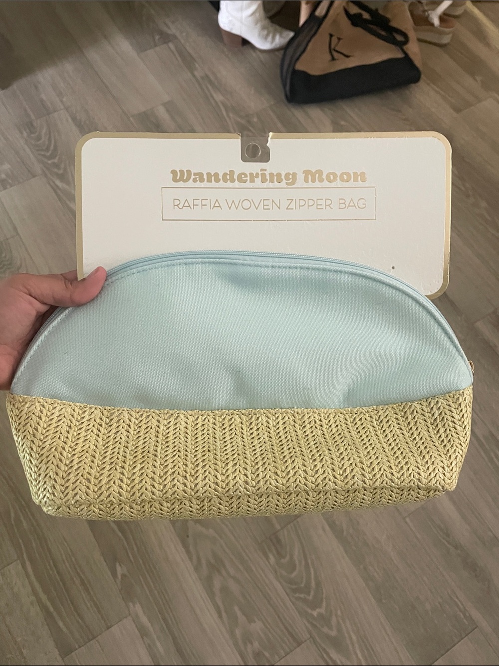 Wandering Moon Light Blue and Natural Raffia Zipper Cosmetic Bag